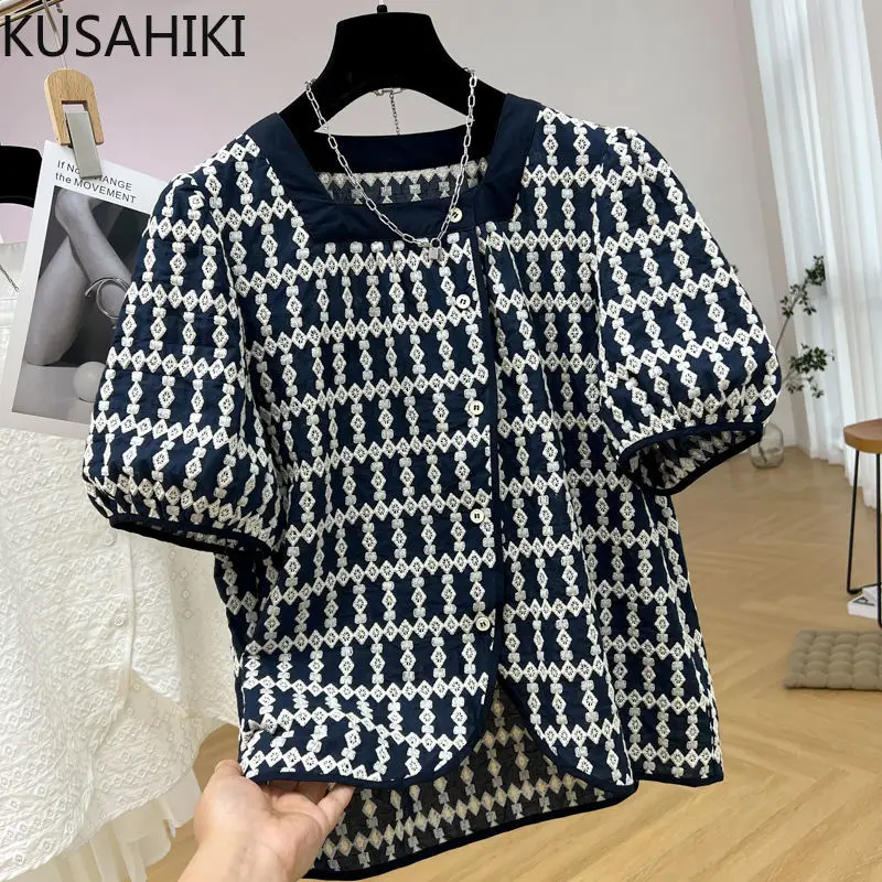 KUSAHIKI Chic Embroidery Hollow-out Hook Doll Shirt Korean Square Collar Puff Sleeve Blouse Causal Single Breasted Blusas Mujer