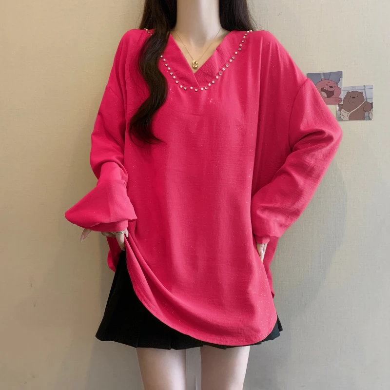 

Plus Size Spring Summer New Fashion Unique High-end V-neck Loose Beaded Sequin Top for Women