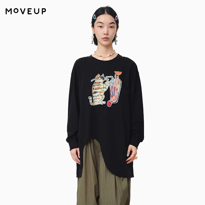 MOVEUP Long Sleeves Round Neck T-Shirt 2026 Spring Pure Cotton Cartoon Fun Printed Irregular Hem Casual Top For Women 325110504
