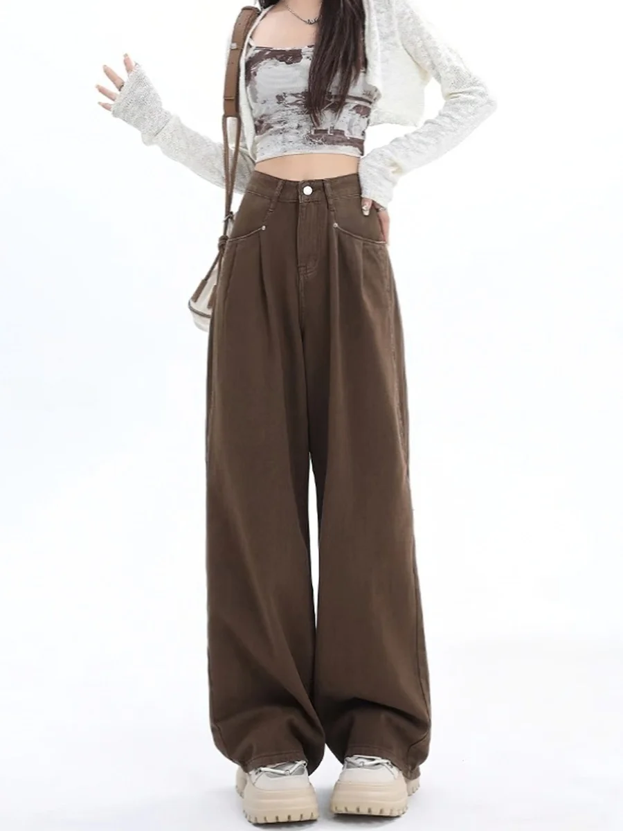 アメリカンスタイル ハイウエスト ワイドレッグ デニム ジーンズ レディース 春秋 カーキ フリース ルーズ ロングパンツ ドレープ マキシレングス