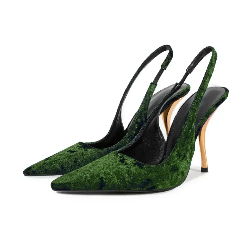 2025 European and American Sexy Metal High-heeled Pointed Back Hollow Sandals Women\'s Fashion Suede Runway Shoes