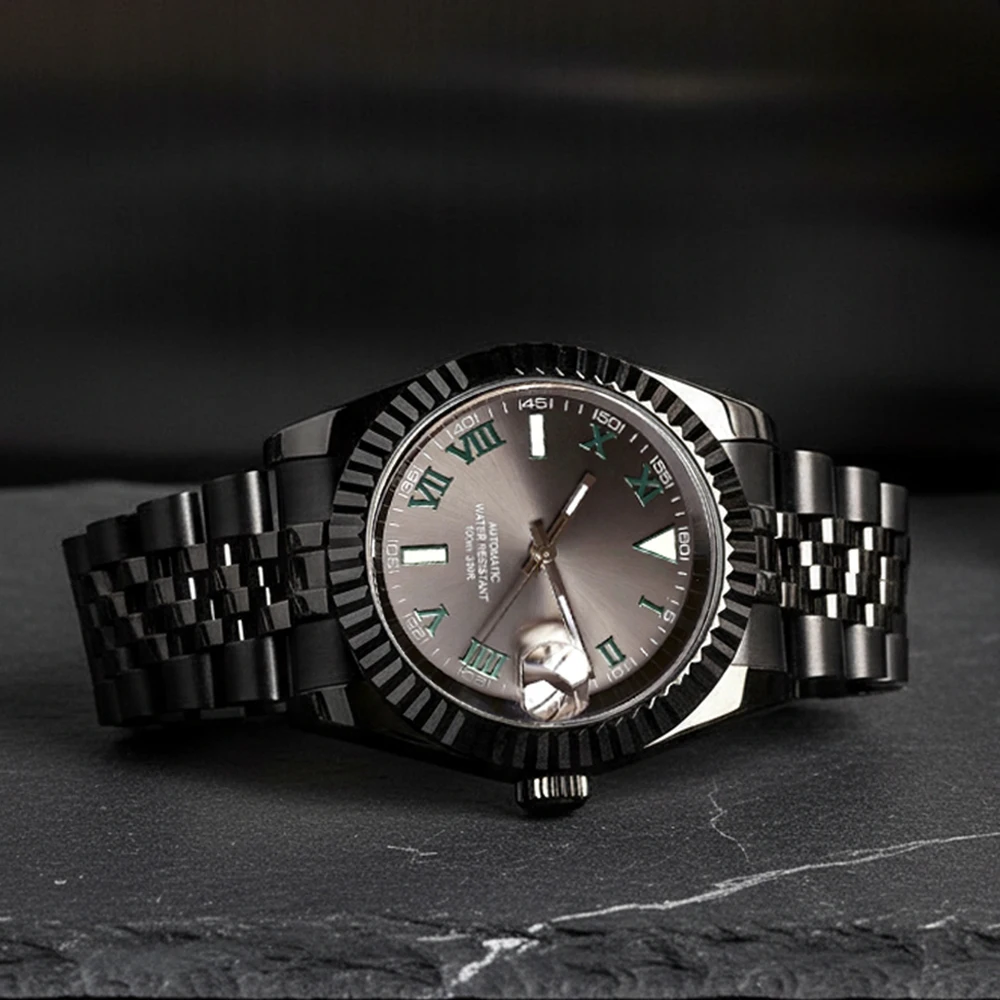 

Черный корпус с PVD-покрытием, 36 мм, 39 мм, серый циферблат, римские цифры, NH35, автоматические мужские часы, сапфировое стекло, нержавеющая сталь, водонепроницаемые часы 200 м, Relogio