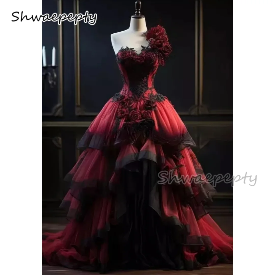 Vestido De Novia victoriano gótico rojo oscuro y negro, Vestido De Novia largo Vintage con un hombro y niveles, Vestido De Novia personalizado 2025