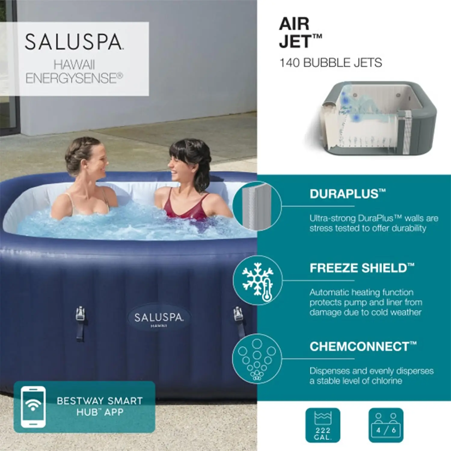 Saluspa Hawaii Airjet Inflatable Hot Tub With Energysense Cover, Blue + Spa Seat (4 Pack) + Pillows (2 Pack)