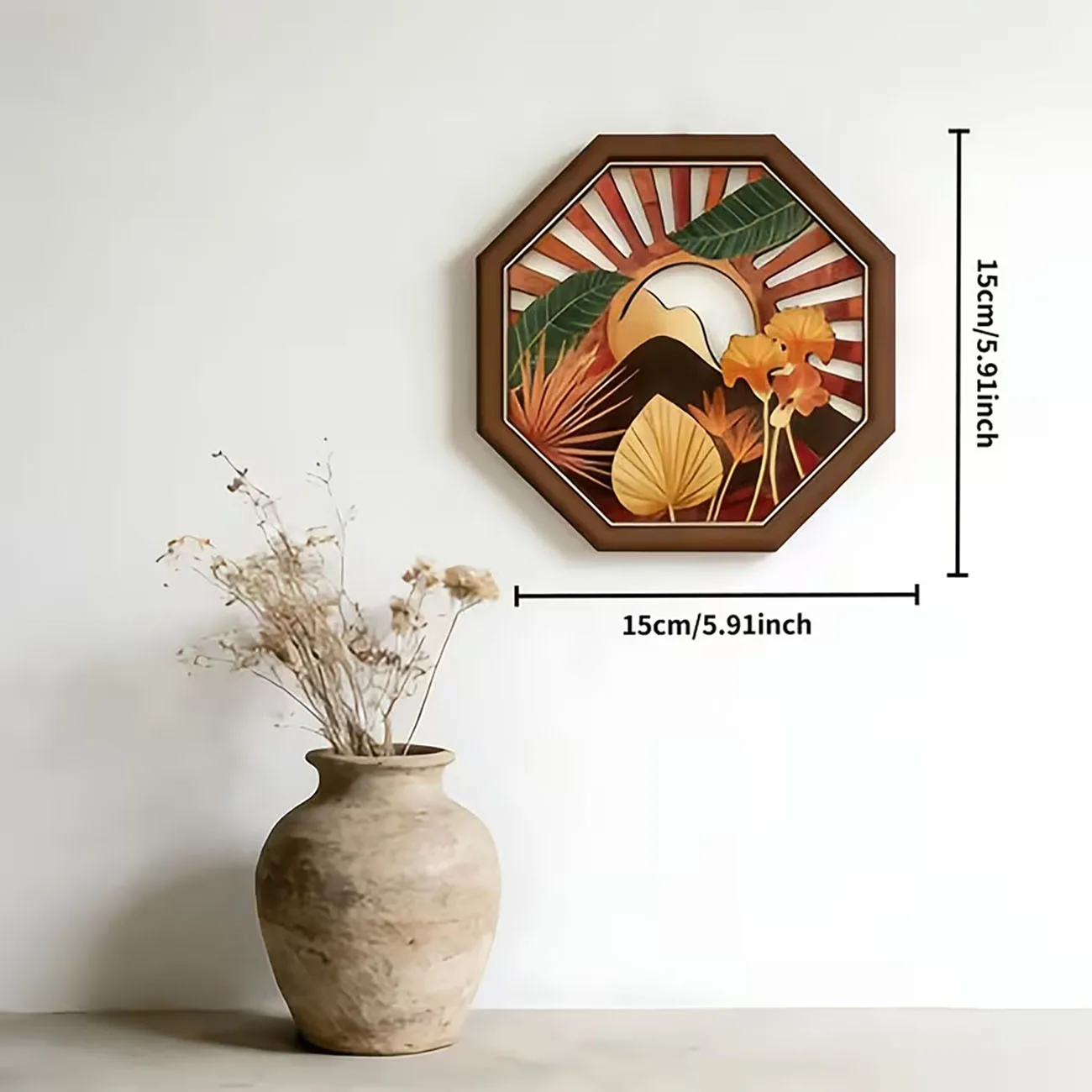 3Pcs 2D Flat Octagonal Wooden Wall Stickers, Tropical Landscape Print, Boho Decor with Nano Tape for Living Room