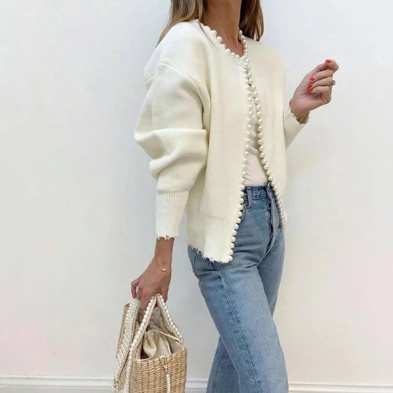 Bianco elegante perle che bordano cardigan a punto aperto manica lunga casual vintage chic o collo maglione lavorato a maglia maglieria autunno donna