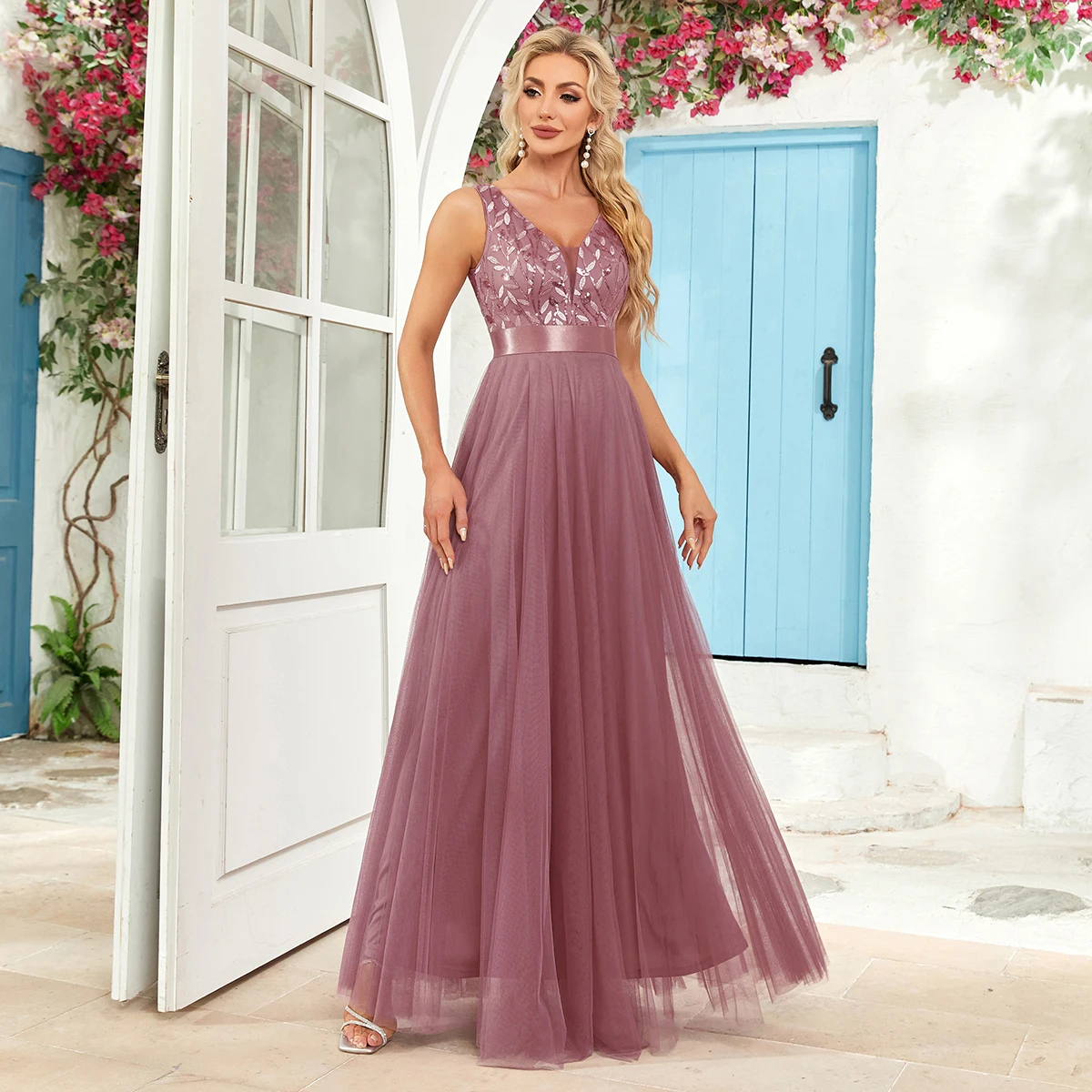 Robe de soirée longue brodée en tulle, col en v, ligne a, élégante, offre spéciale