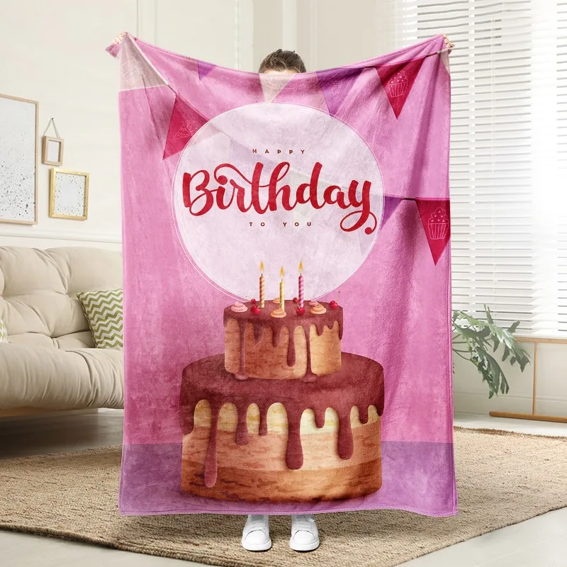 

Happy Birthday Chocolate Cake Flannel Blanket Soft Plush Cozy Sofa Bed Decor Gift for Kids Adults