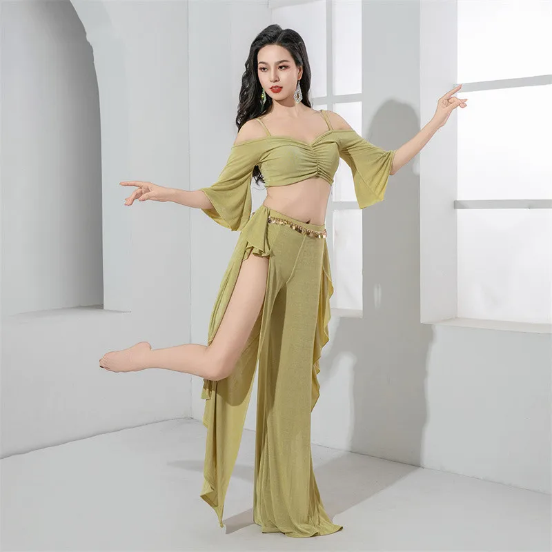 2025 Vestito da danza del ventre da donna Costume da spettacolo teatrale Manica lunga con volant Gonna con spacco laterale Pantaloni a vita alta Cintura da spettacolo per ballerini di squadra