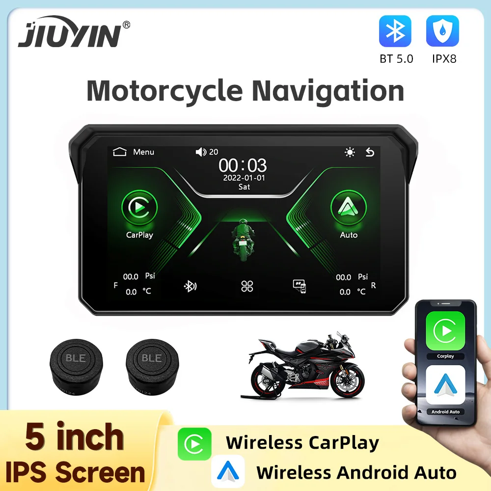 JIUYIN 5 Inch Portable Motorbike Wireless CarPlay Android Auto for Motocycle Smart Player GPS Navigation IP68 Waterproof BT 5.0