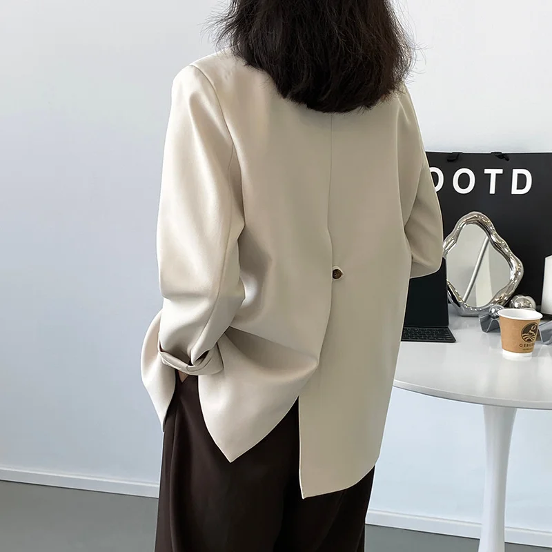 Suninbox korea fashion Back Split Double Breasted Blazers Jacket Office Lady Beige Khaki Black Loose Blazer New In Outerwears