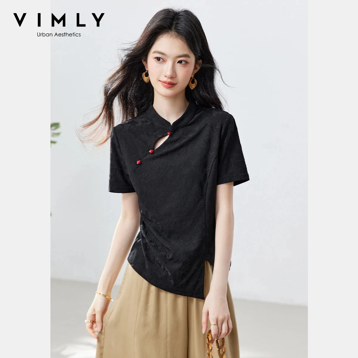 VIMLY Blusa de Mujer Estilo Chino Jacquard 2026 Verano Cuello Mao con Aberturas Contraste de Color Botones Tipo Rana Camiseta Asimétrica A6167