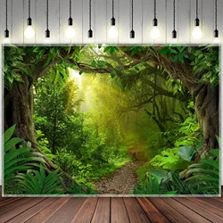 Rainforest Photography Backdrop， Tropical Jungle Forest Natural Scenery Background, Safari Party Banner Decorations