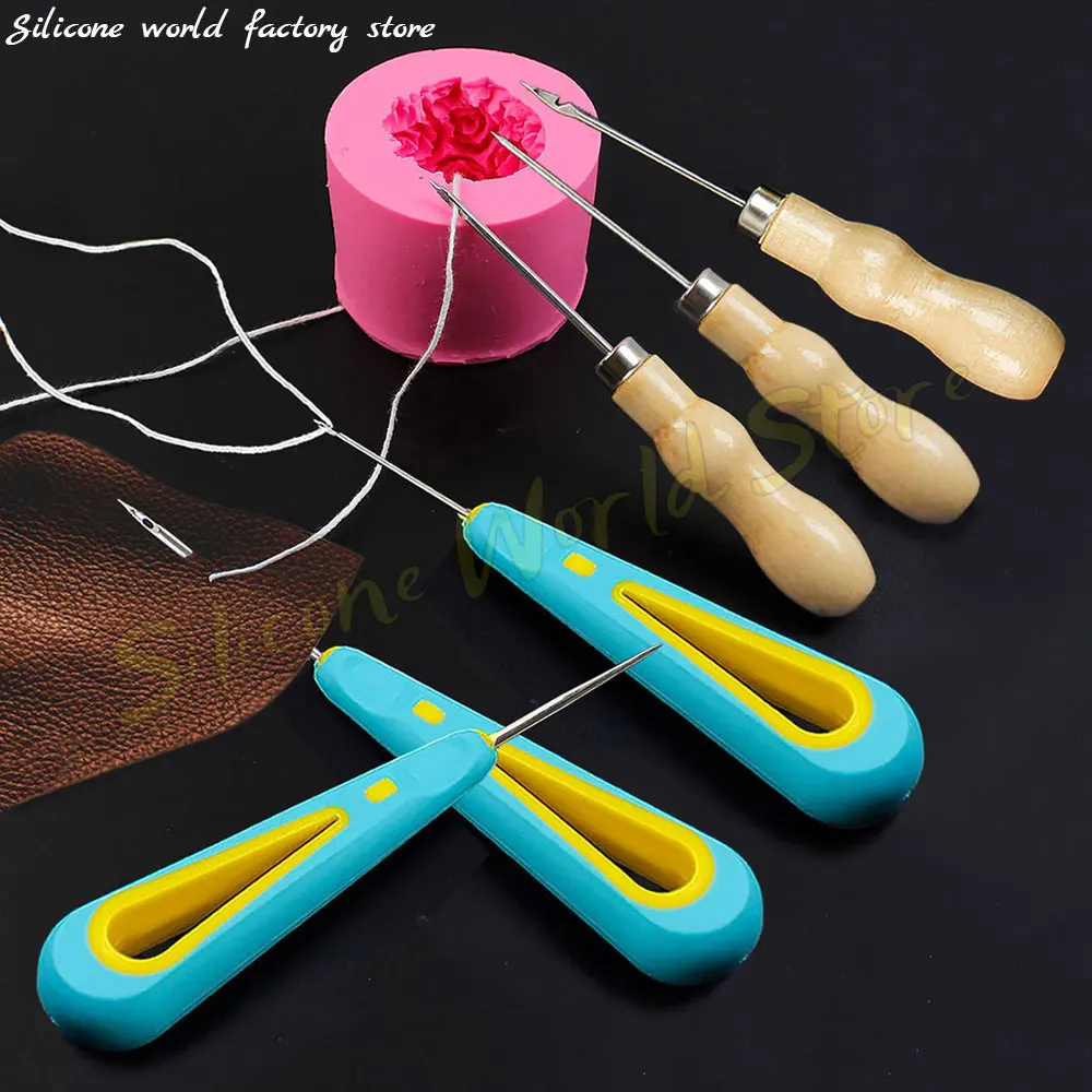 

SW 1PC Wooden Handle Awl Cone Straight Head Elbow Center Hole Handmade Crochet Leather Punch Tool DIY Sewing Parts Candle Tools