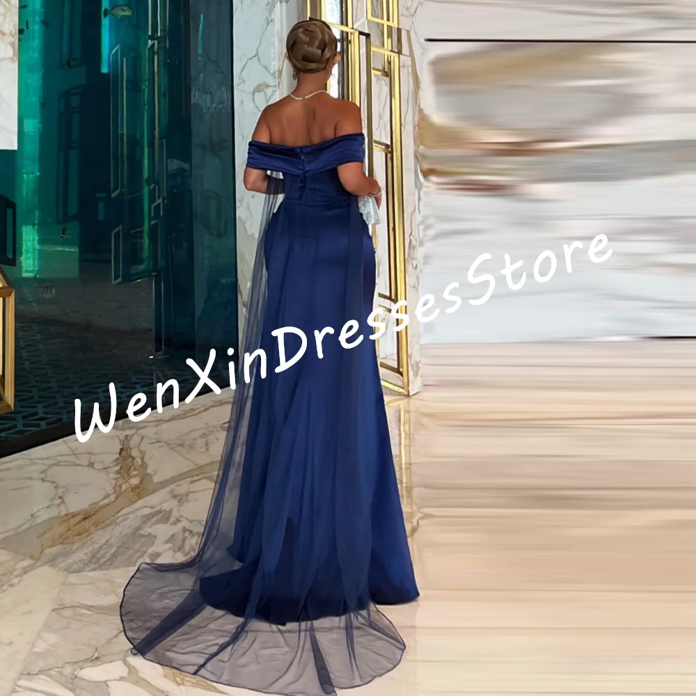 

Exquisite Straight Floor Length Strapless Off the Shoulder Satin Sleeveless Backless Celebrity Sweep Train Pleats Saudi Arabia