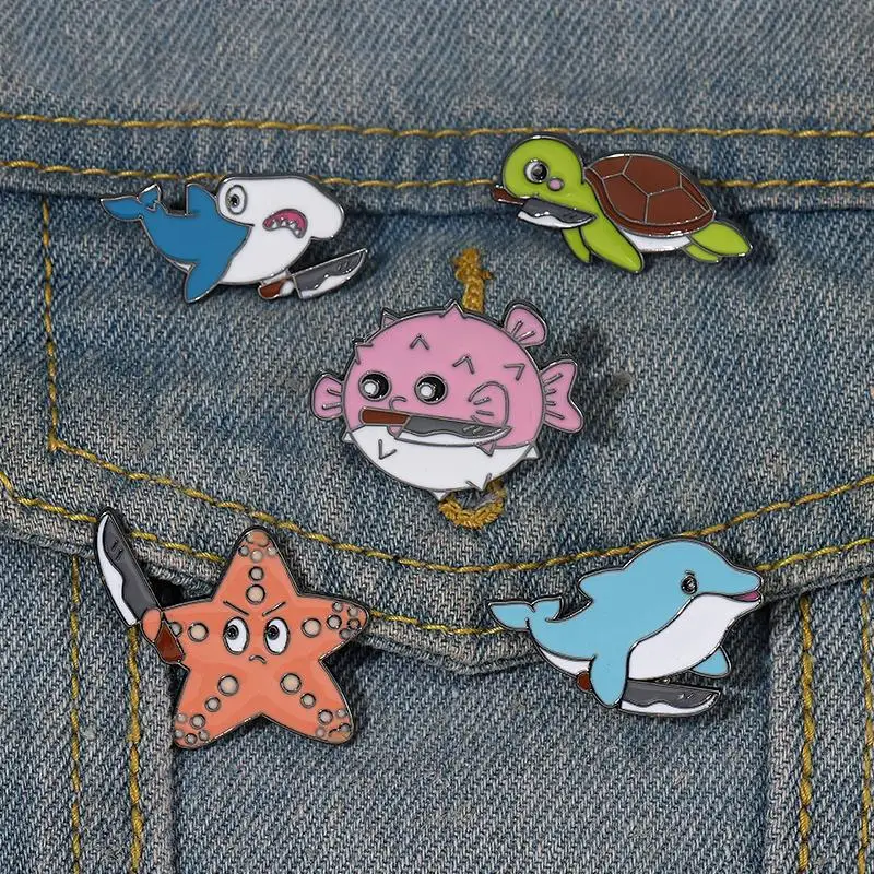 Enamel Pins Dolphin Puffer Fish Turtle Shark Starfish Brooch Lapel Badges Animal Jewelry Gift for Kids Friends Killer From Ocean