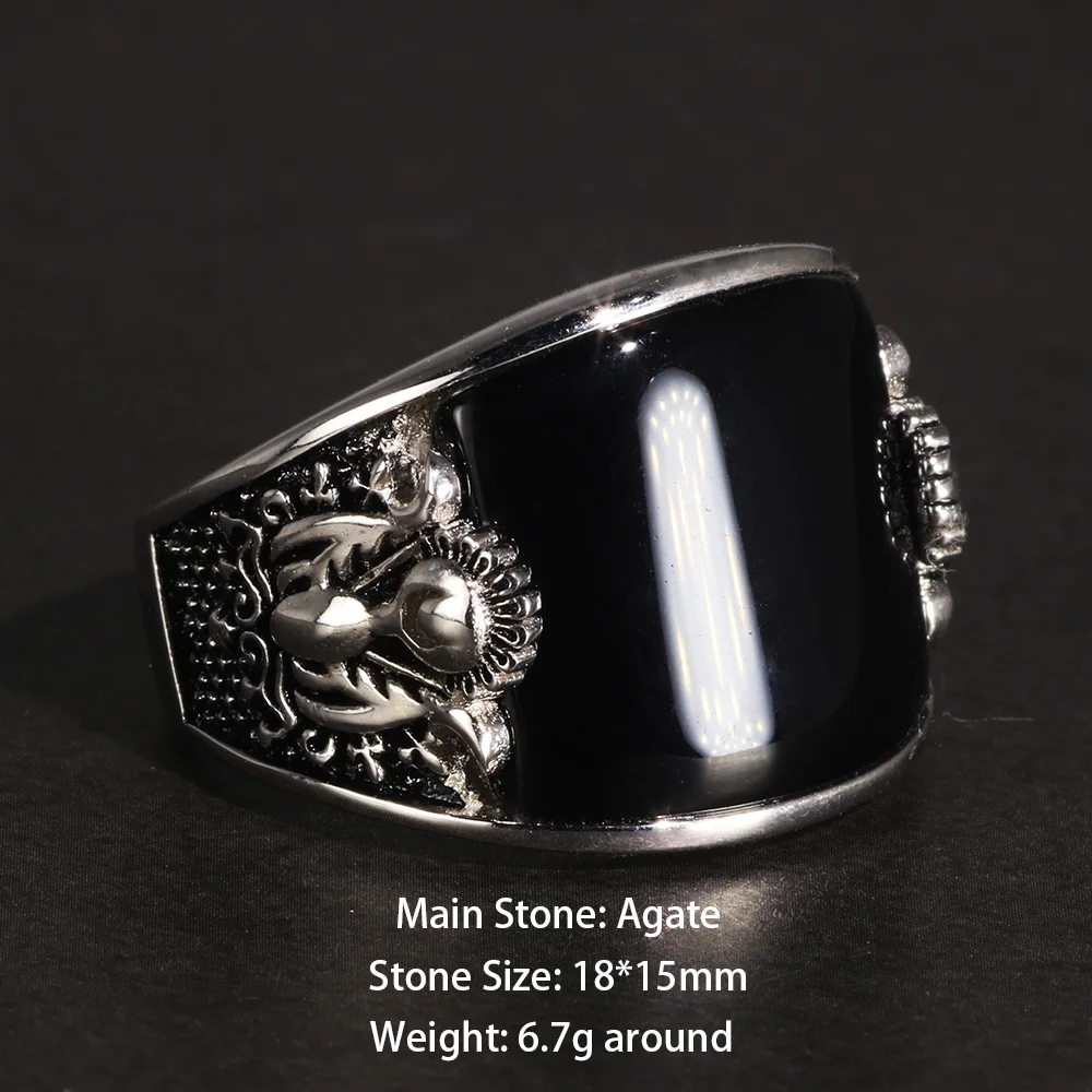 Vintage Punk 925 Rings With Natural Black Onyx Stone Unique Curved Surface Biker Rings For Men - Image 2
