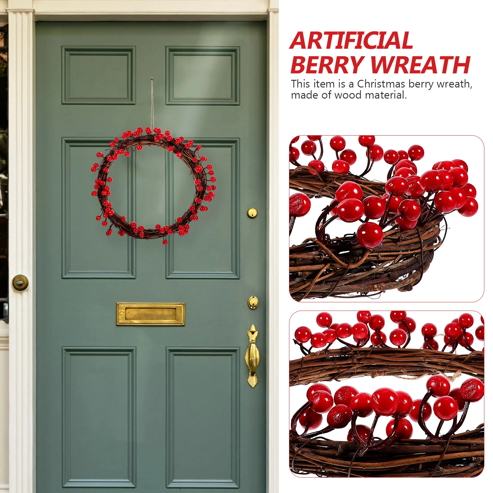 

Christmas Berry Wreath Wood Material Hanging Xmas Wreath Front Door Decoration Artificial Garland Festival Decor