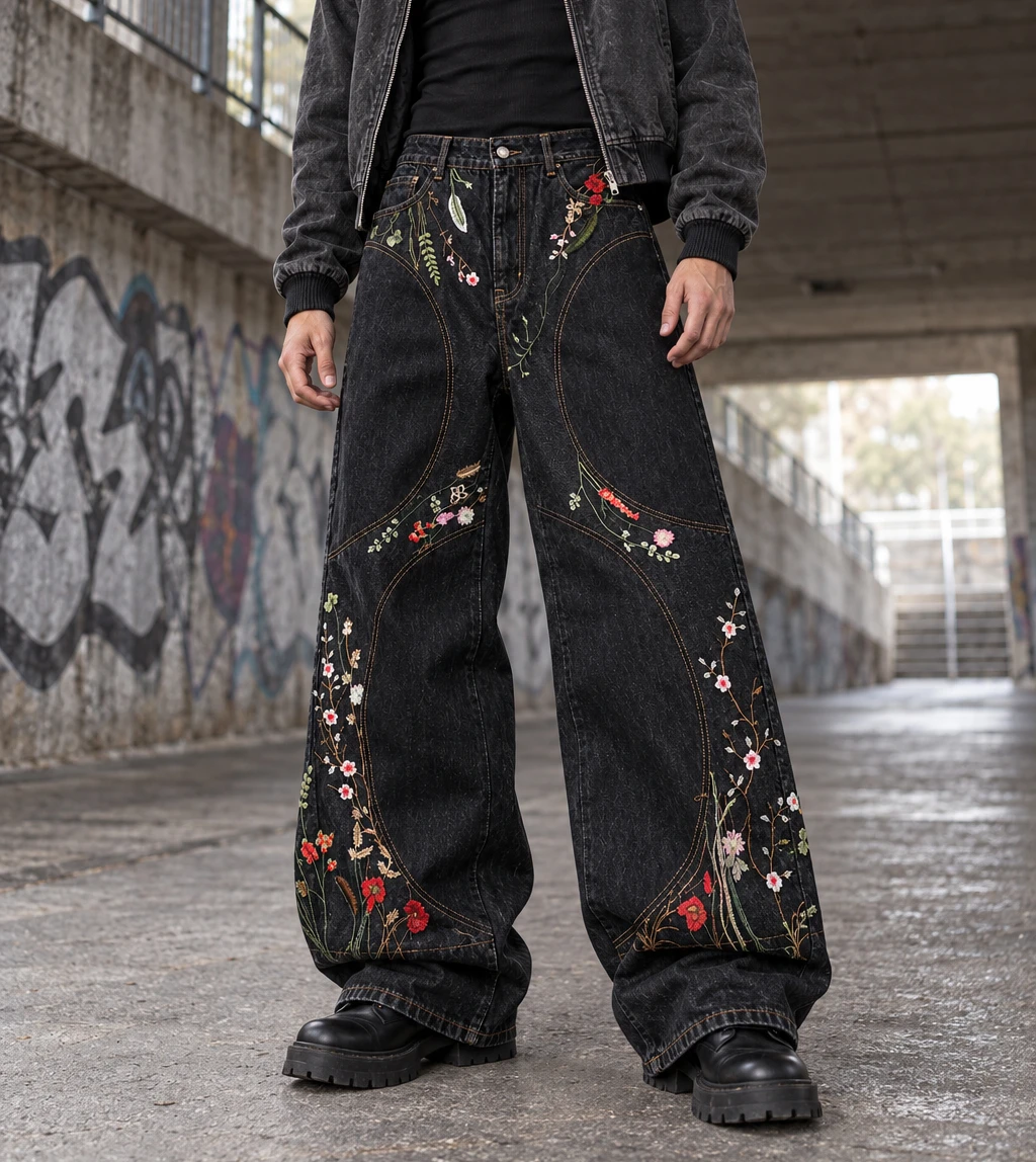 Vintage Harajuku Flower Embroidered 2026 Y2K Baggy Jeans Gothic Hip Hop High Waist Men and Women Trousers Black Casual Pants