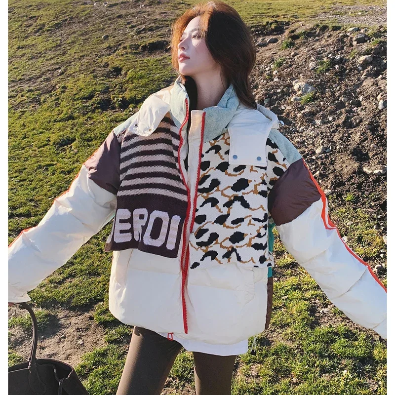 

Short Down Jacket Women's Winter Denim Patchwork Knit Striped Parka Colorblock White Duck Down Thicken Bread Coat Outerwear
