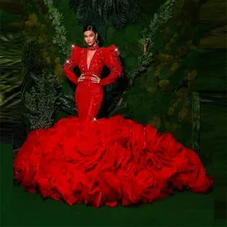 Red Mermaid Ruched Train Evening Gowns Saudi Arabia Deep V Neck Long Sleeves Prom Dresses African Women Wedding Party Dress