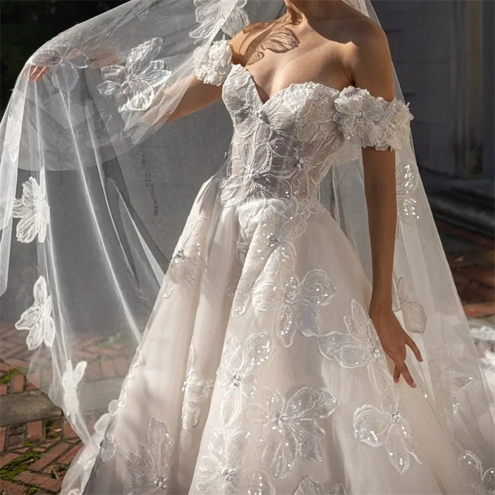 

Сказочные свадебные платья с открытыми плечами и цветочной аппликацией, тюль, корсет трапециевидной формы, иллюзия, свадебное платье с цветами, Vestido de novia