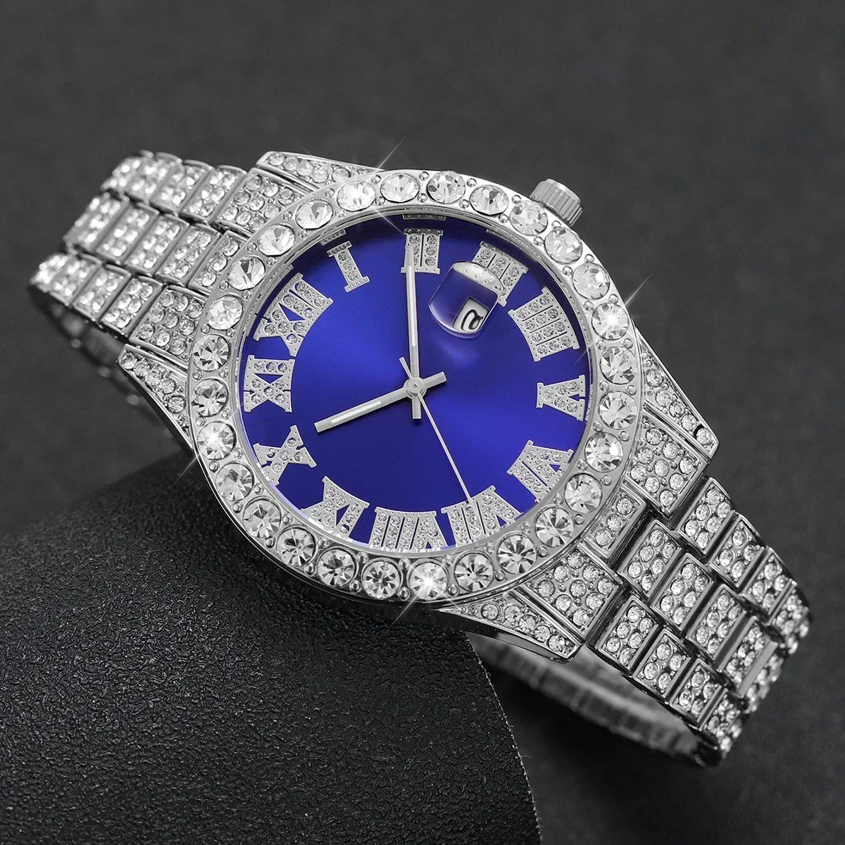 Mystery Blind Box Men Watch Random Iced Out Diamond Quartz Wristwatch Roman Numeral Dial Stainless Steel Band Luxury Male Watch view 6