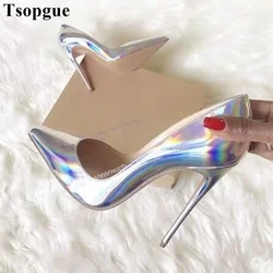 Décolleté basse stile semplice in pelle metallizzata argento tacchi a spillo scarpe da donna con tacco alto Slip-On punta a punta 2024 Zapatos Para Mujere