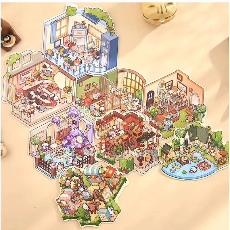 8 en 1 tamaño Mini 3D dibujos animados ciudad paisaje pegatina colección escena DIY juguete juego pegatina Festival regalo de cumpleaños para chico niña