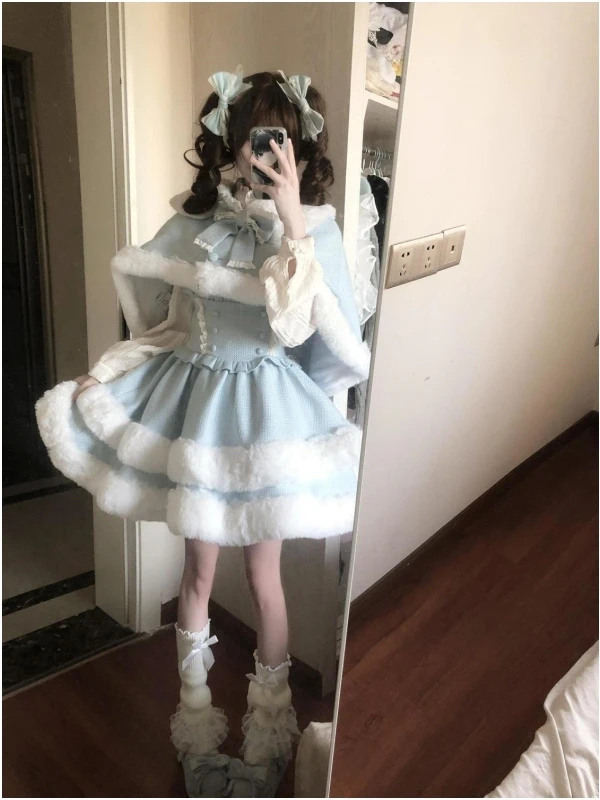 

Cute Lolita Blue Fur Collar Coat Skirt Set Women's Fashion Sweet Style Long Sleeve Zipper Dress Autumn Winter Waist Cinched