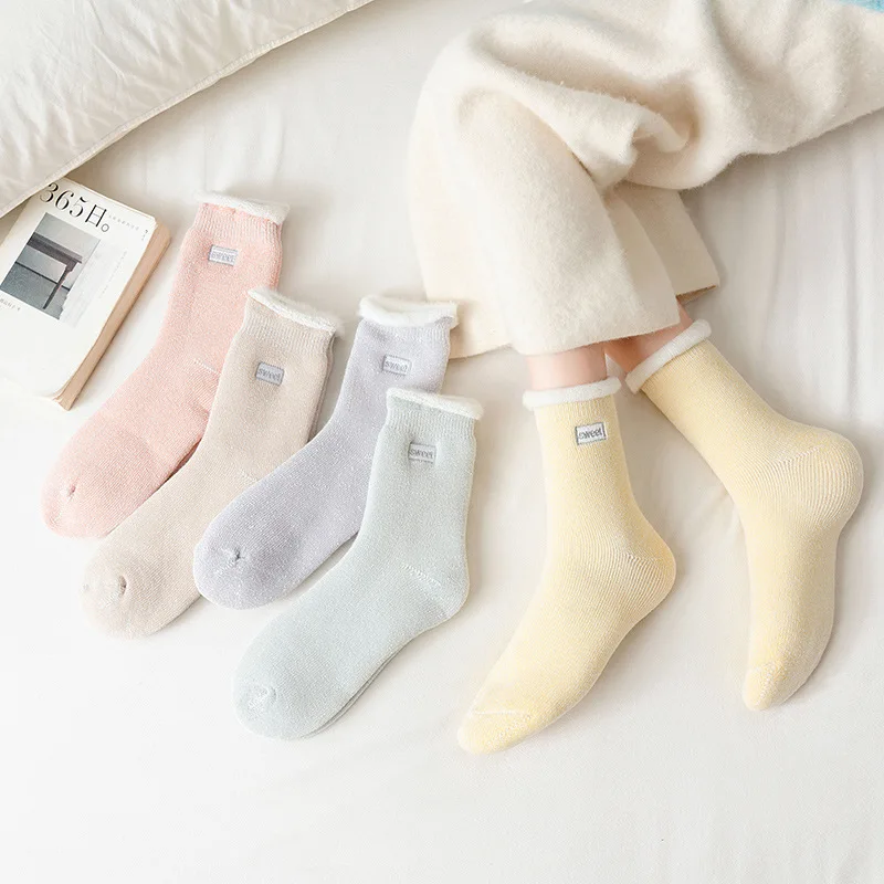 5 paires de chaussettes mi-mollet pour femmes, automne hiver, doublure polaire thermique, épaisses, chaudes, amples, ensemble de chaussettes moelleuses pour filles, 2025