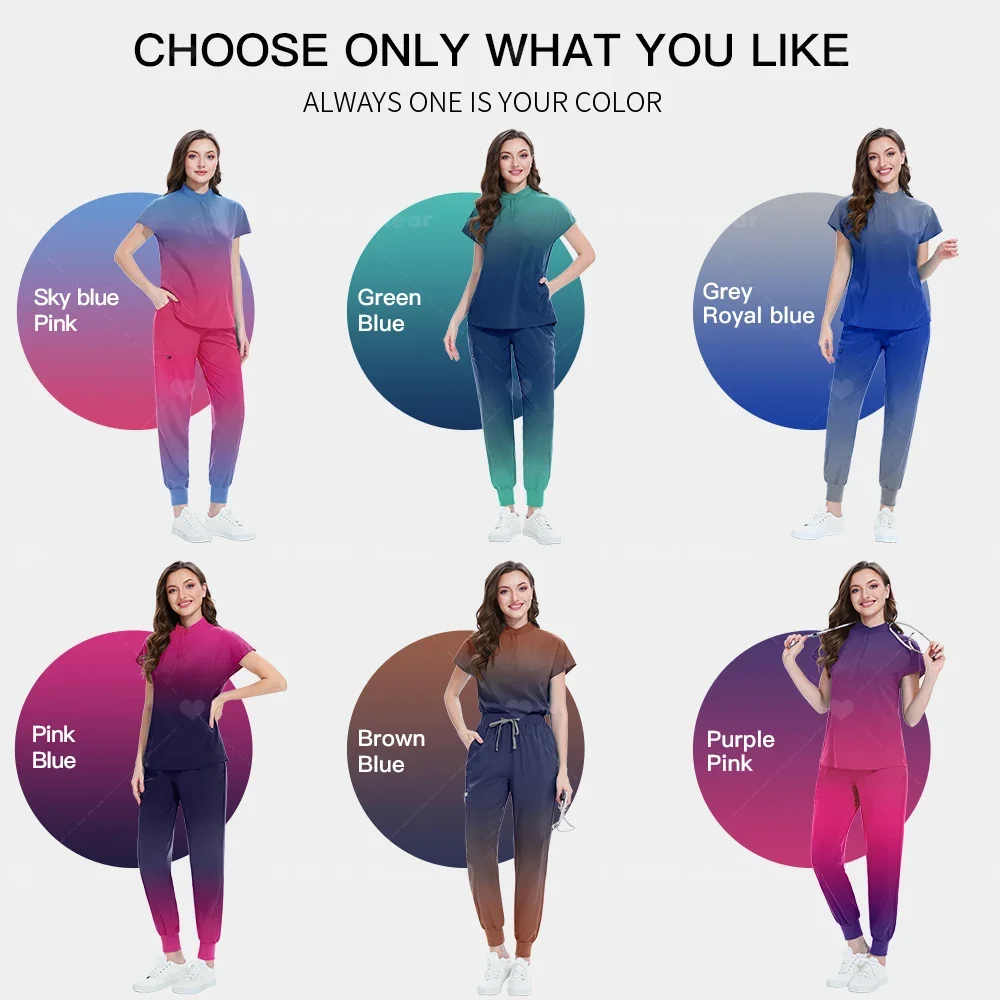 Multicolour Jogger Suit Nurse Scrubs Set Medical Gradient Color Work Clothes Doctor Nursing Uniform Pharmacist Tops Pocket Pants