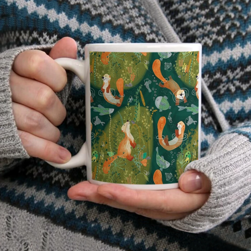 

Pattern 74 - Playful otters by the riverCoffee Mug Tea Cup 11oz Coffee Cup Funny Birthday Ceramic Mug Personalized Cup