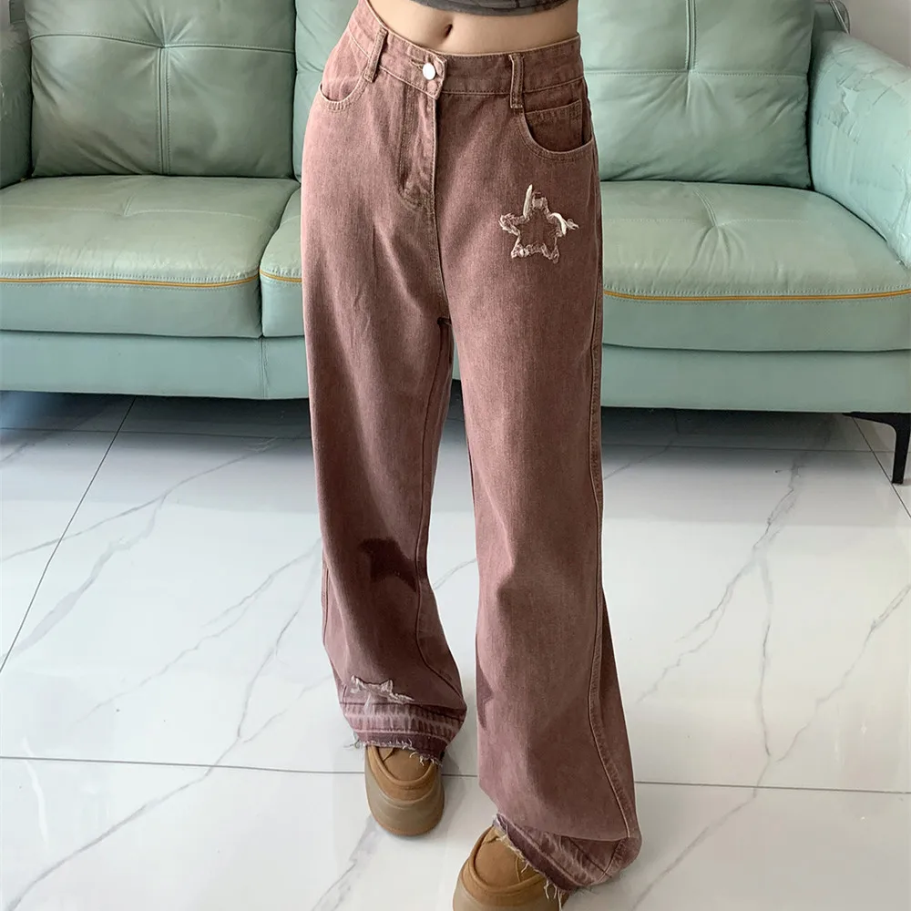 2024 Woman High Waist Embroidery Loose Washed Vintage Straight Leg Pants Lady Red Star Patches Oversized Slim Patchwork Trousers