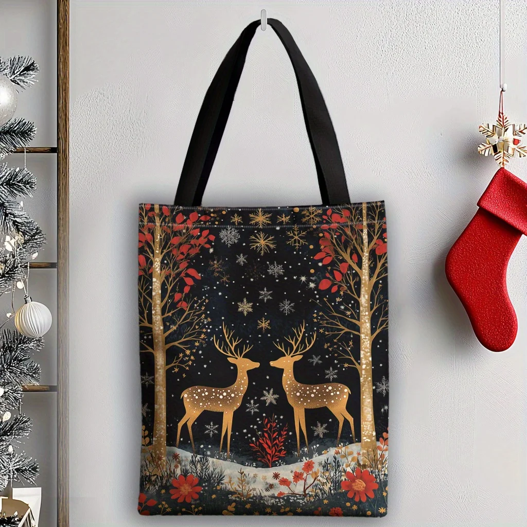 

Элегантная большая сумка из полиэстера с рождественским дизайном оленя и цветами, многоразовая сумка для покупок, идеальный рождественский подарок для женщин