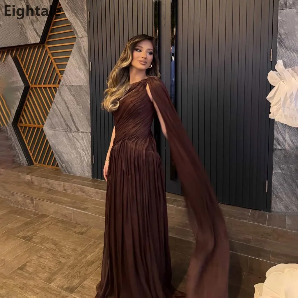 

Eightale 2026 One Shoulder Brown Silk Maxi Evening Dress Cape Wedding Party Formal Prom Dress Dubai Party Gown Customized