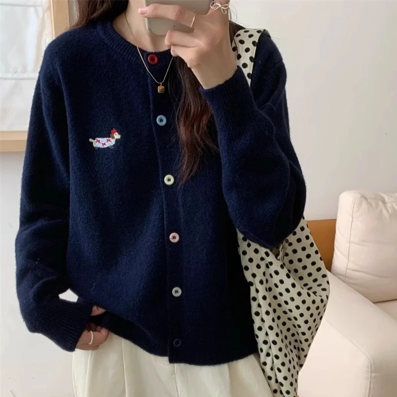 

Autumn Winter 2025 Soft Elegant O-neck Loose Casual Sweaters Women Knitted Chic Embroidery Cardigan Basic Colorful Buttons Tops