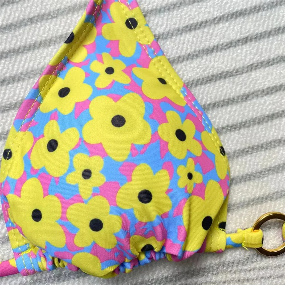 Sexy Yellow Floral Print Swimsuit Micro Bikini Thong 2026 Women String Halter Swimwear Bathing Suit Biquinis Mini Bikinis Sets