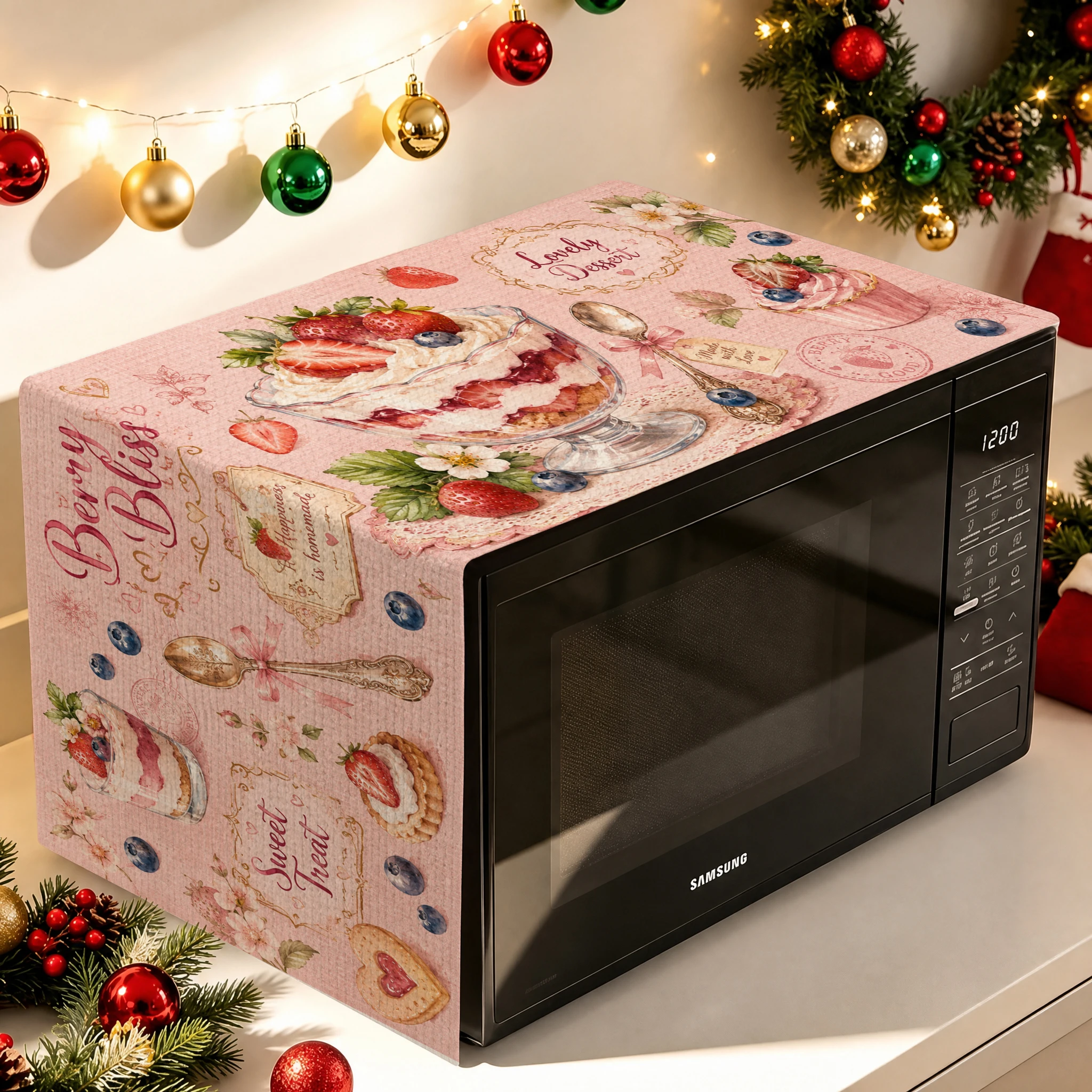 1pcs Christmas Decor Microwave Oven Cover, Retro Floral Geometric Coffee Dessert Print Dustproof Protector For Kitchen Counter