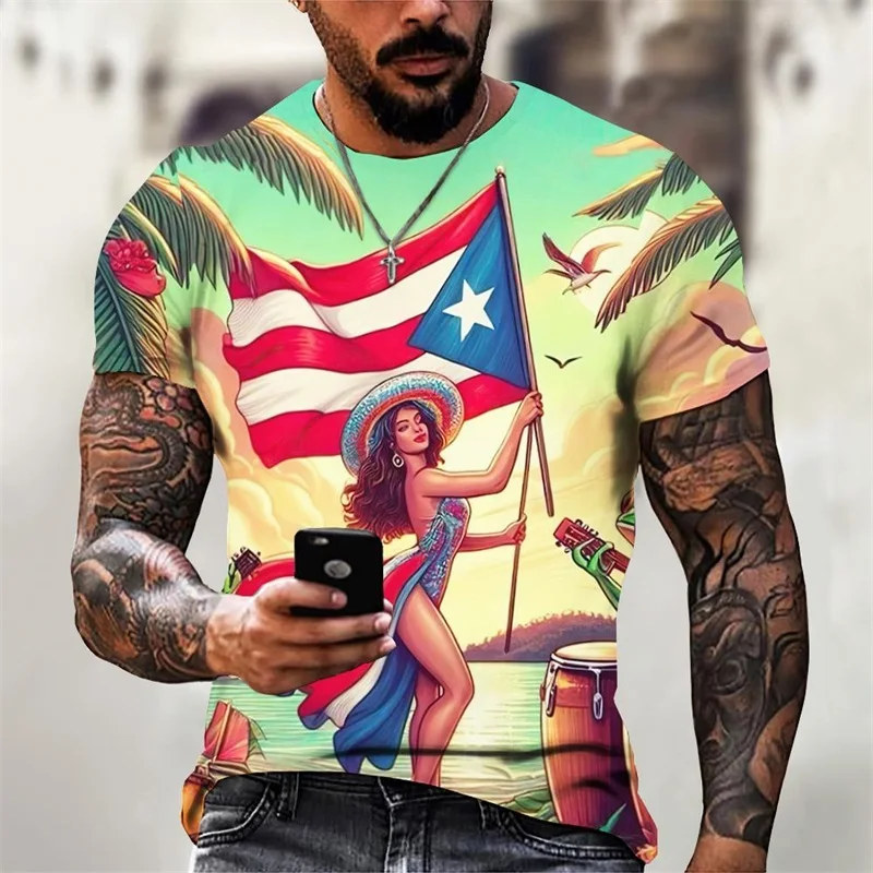 Puerto Rico Flag Pattern Print T Shirt For Men Summer Short Sleeve Oversized Tee T-Shirt Clothing Men's Crew Neck Tees Top