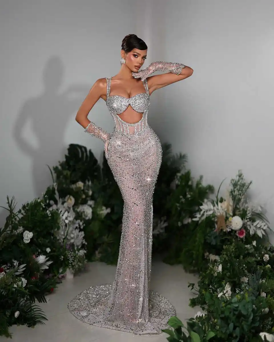 Sexy Mermaid Gown Wedding Dresses Spaghetti Strap Rhinestones Evening Dresses Special Occasion Gowns Vestido De Noiva Customized