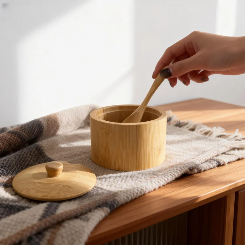 Bamboo Salt Cellar with Mini Spoon, Kitchen Salt Box with Closure Lid, Round Salt Container to Storage Pepper Spice Bath Salt Se