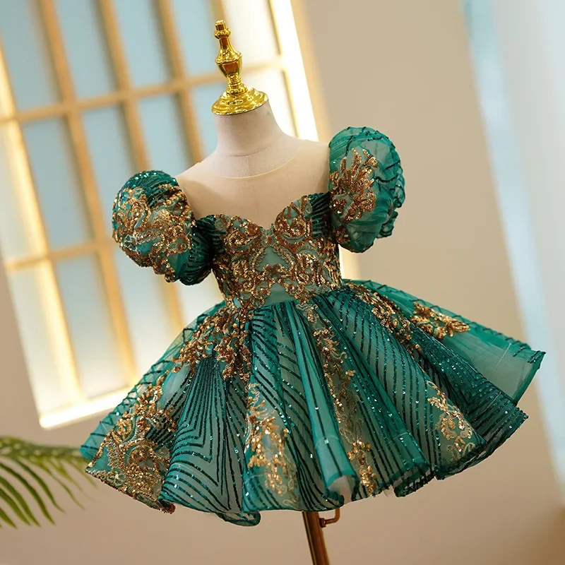 

Girls Size 1 - 12 Years Birthday Photo Shoot Gown Evening Formal Lace Dress Prom Frock Kids Luxury Party Green Gold Dresses