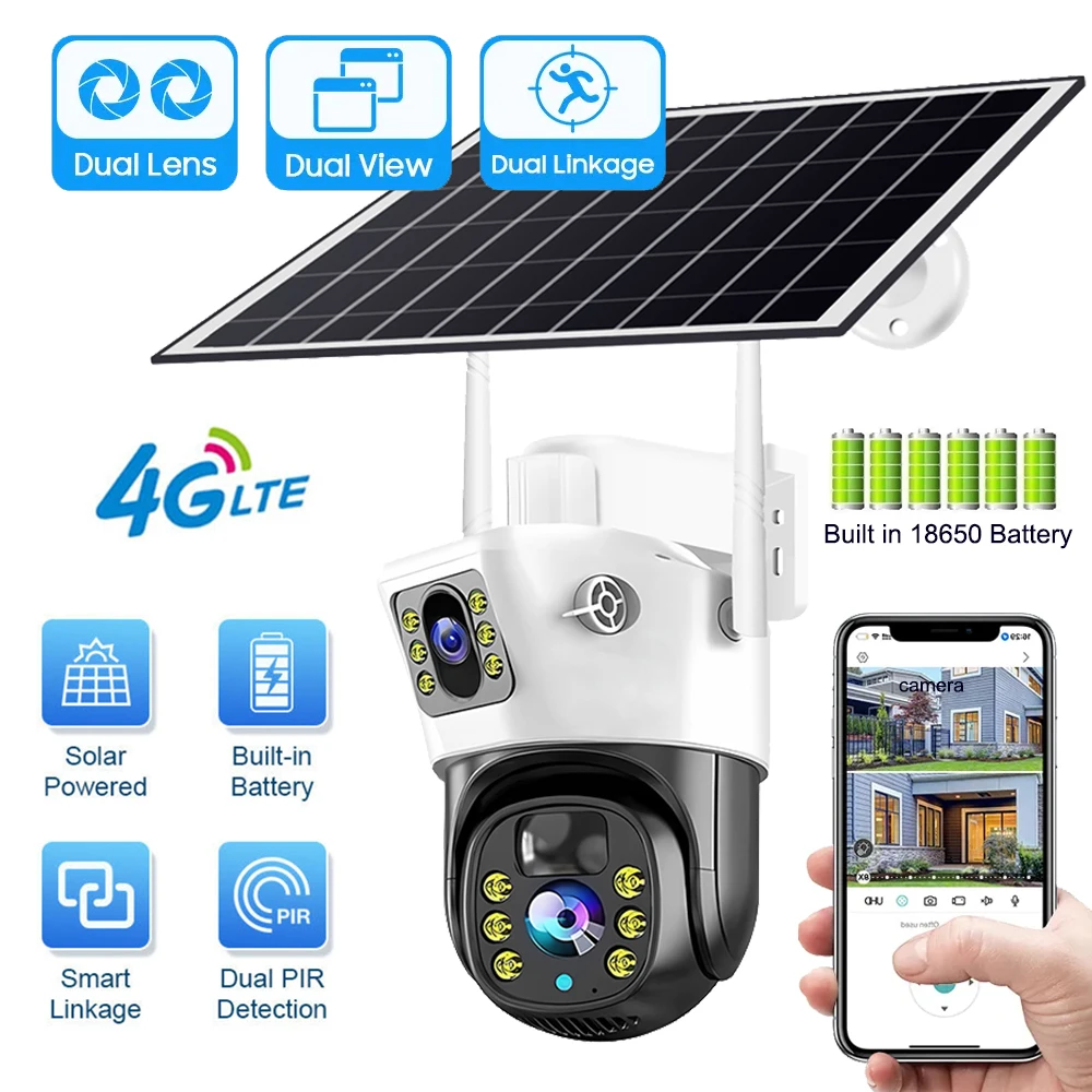 

V380 Dual Lens 4G Sim Camera Solar Panel Outdoor Low Powered Cam Color Night Vision PIR Alarm Two Way Audio Solar CCTV IP Camera