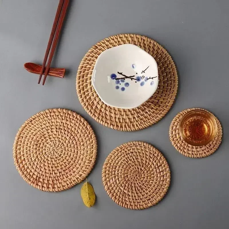 Handmade Round Rattan Coasters Heat Insulated Table Mat Tableware Placemat Heat-Resistant Dishes Mat Kungfu Tea Accessories