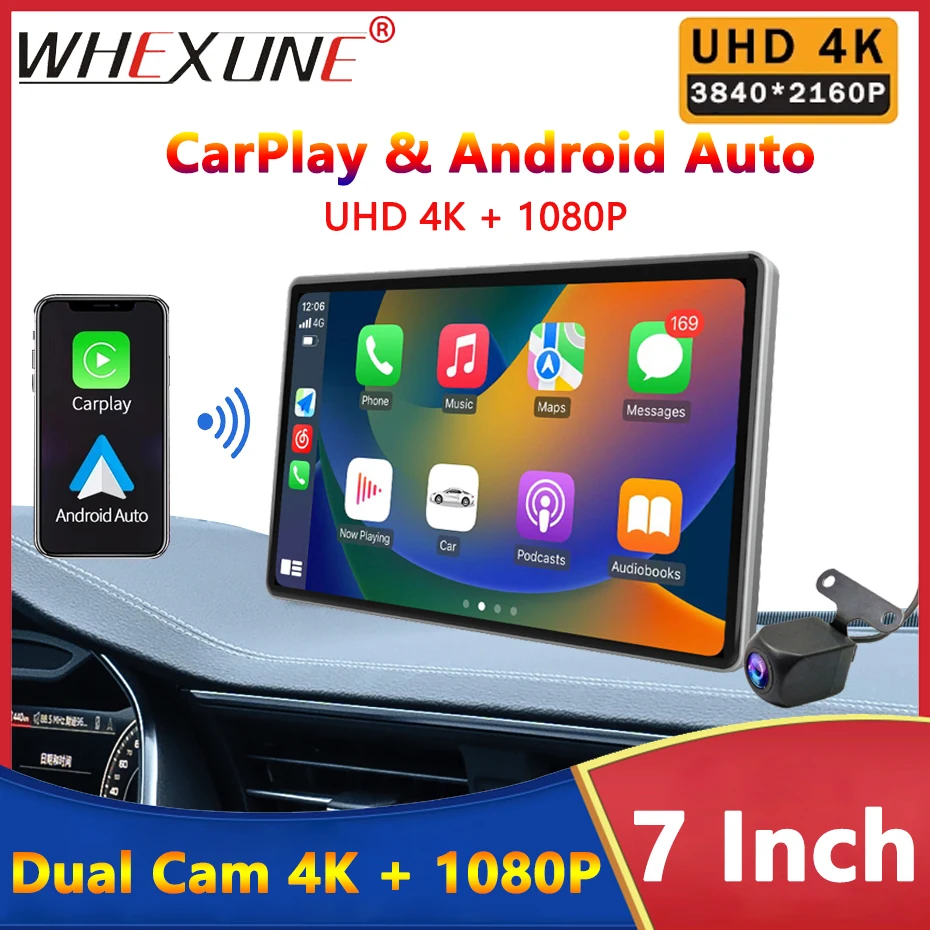 

7" 4K Car DVR Wireless Carplay & Android Auto WiFi Bluetooth AUX Dash Cam Camera GPS Navigation Dual Recording Video Recorder
