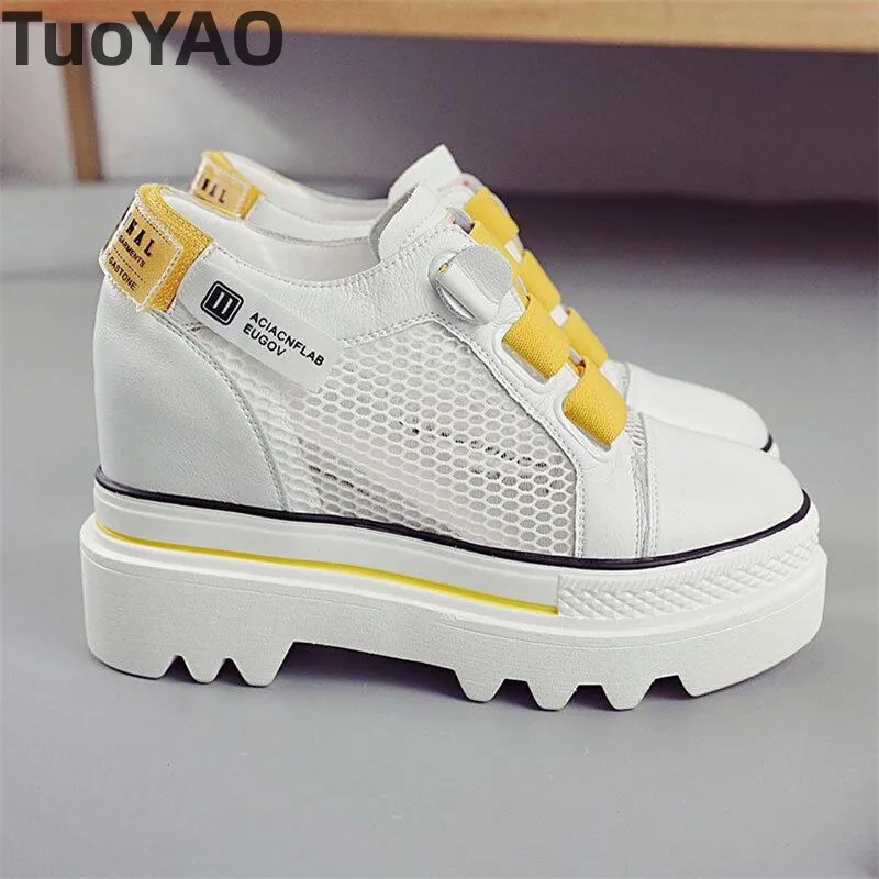 Women Platform 9cm Mesh Leather White Sneakers Shoes New White Wedge Vulcanize Shoes Hidden Heel Breathable Female Casual Shoes