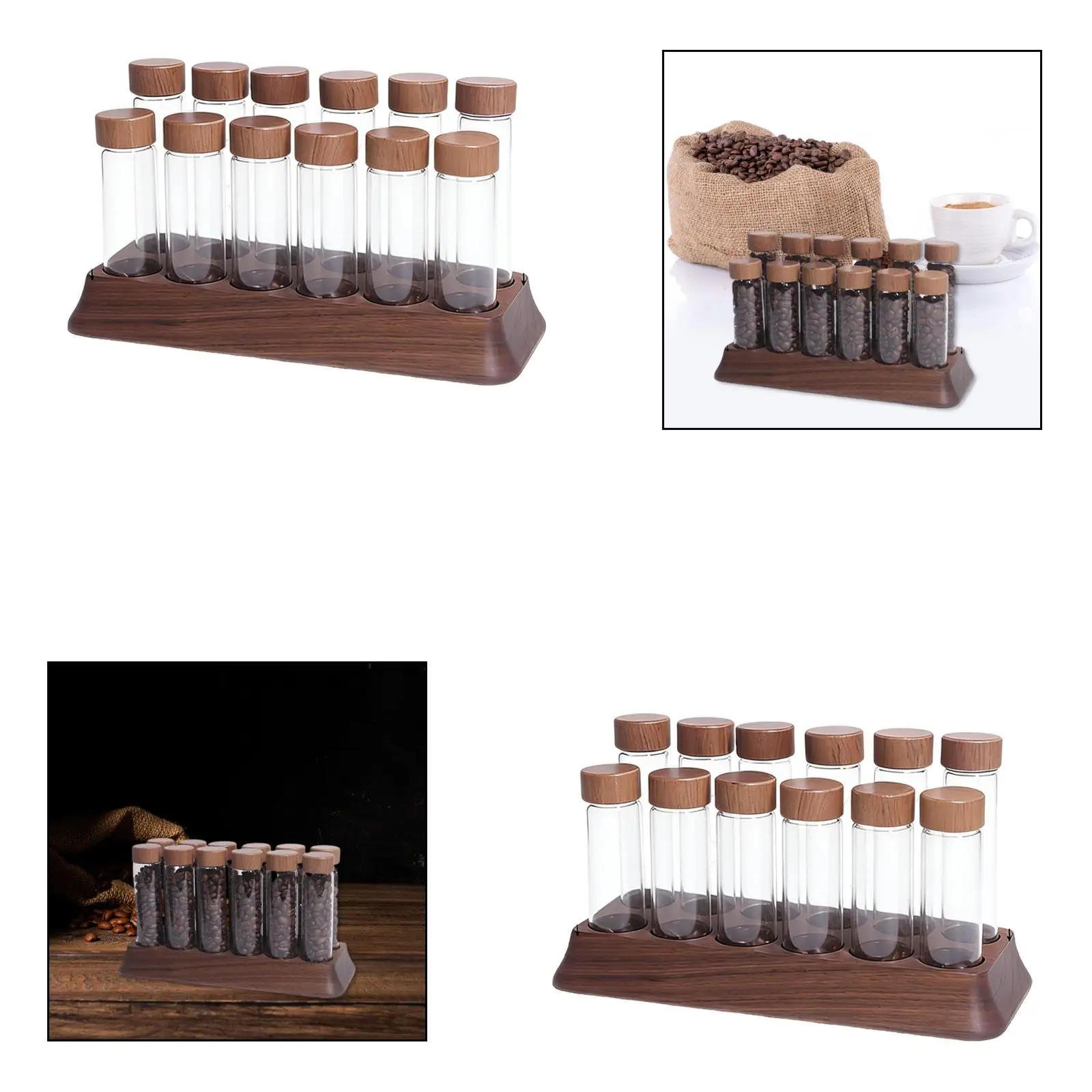 Glass Coffee Bean Cellar with Sealed Lids Wood Organizer for Coffee Shop Equipment and Beans