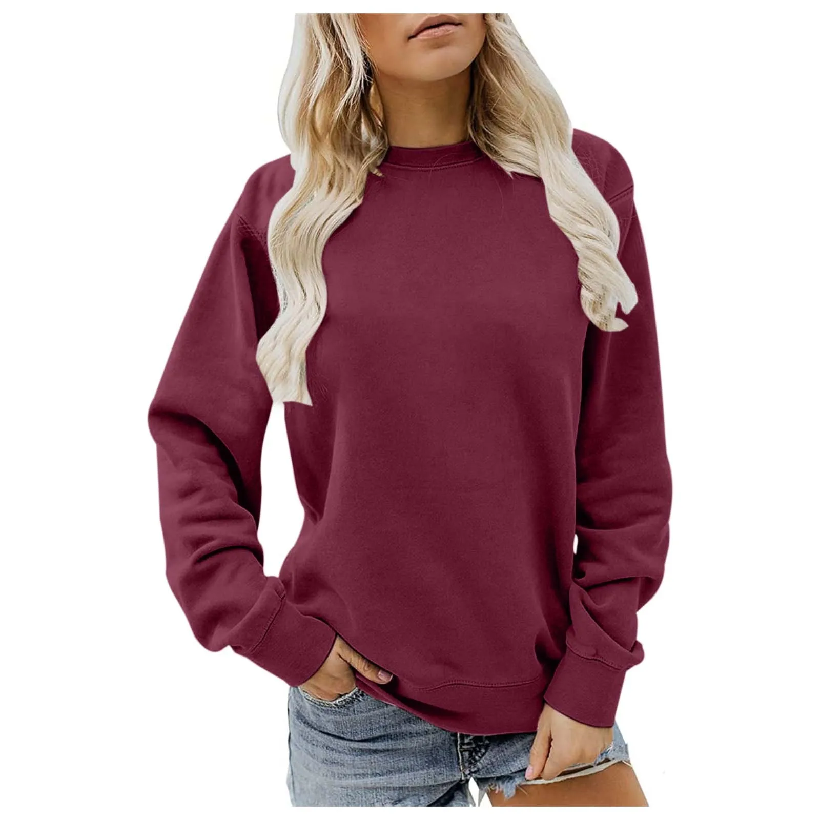 Women'S Solid Color Simple Pullover Crewneck Long Sleeve Long Hoodie Casual Sweatshirt Autumn Winter Classic All Fashion Hoodie