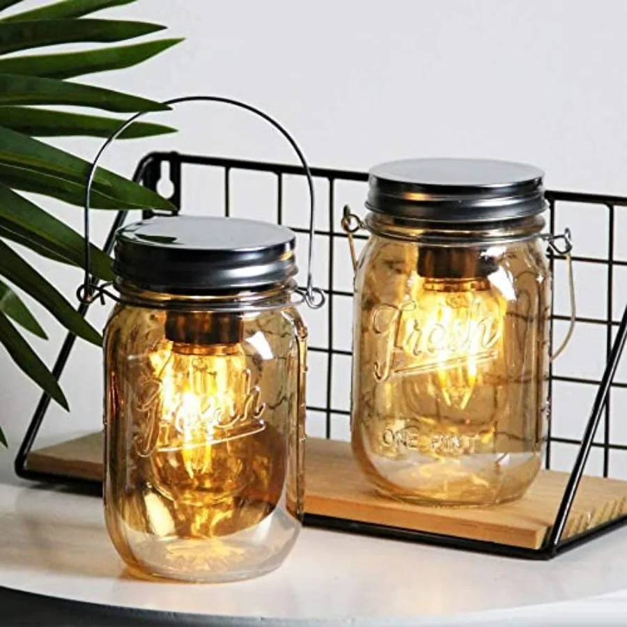 2 Pack Mason Jar LED Lanterns, Battery Operated Cordless Vintage Glass Lights with 6H Timer, Perfect Mother's Day Gift for Indo